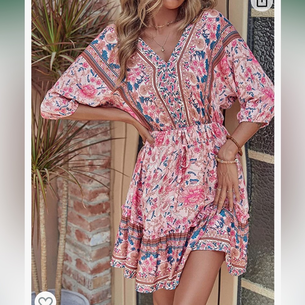NWOT Boho tribal print short sleeve v-neck tie back summer shift dress BRAND NEW